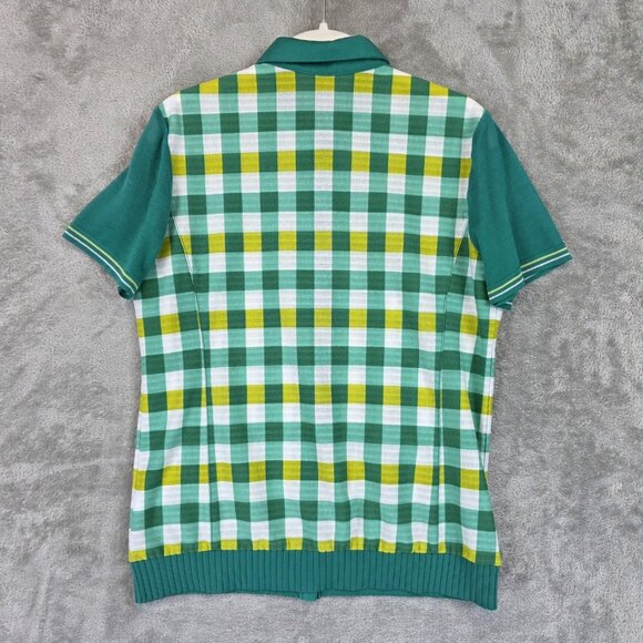 PAT Shirt Womens Large Green White Yellow Plaid Button Front Short Sleeve Knit - Picture 10 of 10